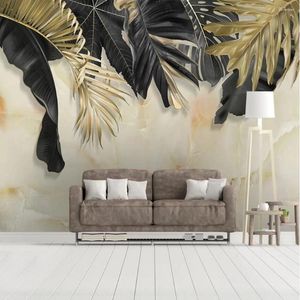 Bakgrundsbilder Milofi Custom Large Mural Wallpaper 3D Simple Light Luxury Black Gold Leaves Sovrum Bakgrund