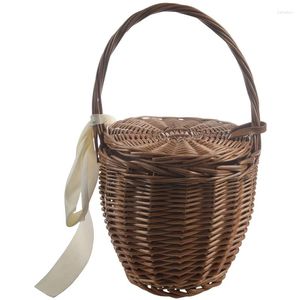 Drawstring Fashion Summer Women Beach Basket Straw Hand Bag Cover Handväska Kickare Handgjorda Small Bohemia Tote Travel Clutch (Brown)