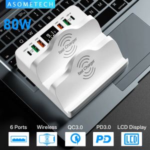 Ładowarki AsomeTech 80W 6 Ports Stacja ładowarki USB z podwójną bezprzewodową ładowarką Szybką ładunek 3.0 PD Szybka ładowarka dla Xiaomi iPhone