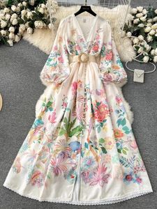 Casual Dresses Spring Summer Floral Holiday Maxi Dress Women's Linen V Neck Long Lantern Sleeve Sashes Lace Trims Embroidery Robe Vestidos