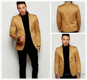 2016 Gold Blazer Slim Fit Tuxedo Suits For Groom Groomsmen Peaked Lapel Wedding Suits Custom Made Prom Mens Suits With Black Pants1728950