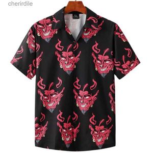 Mäns casual skjortor Summer Mens Hawaiian Casual Collar Shirt Short Sleeved Button Skeleton Devil Print Beach Flower Fashion Retro Clothing XS-5XL YQ240408