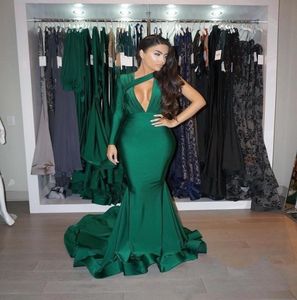 2019 Sexy Green Evening Dresses African Style Sweep Train Pleats Deep VNeck One Shoulder Mermaid Prom Party Gowns Vestido de Fest4736927