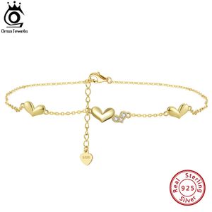 ORSA JEWELS 925 Sterling Silver Love Heart Chain Anklets Fashion Women Summer 14K Gold Foot Bracelet Ankle Straps Jewelry SA30 240408