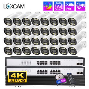 System LOXCAM 32CH 4K CCTV Säkerhetskamerasystem 8MP POE NVR Kit 4K Tvåvägs Audio Outdoor Full Color Night Video Surveillance Camera