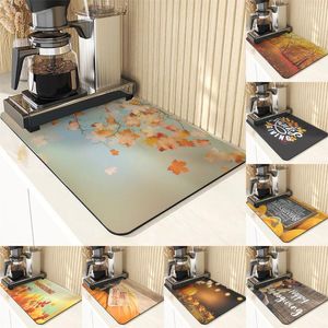 Table Mats Coffee Maker Pumpkin Autumn Harvest Drain Mat Kitchen Countertop Absorbent Non-Slip Thanksgiving Forest Washable