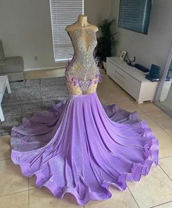 Lilac Purple Long Memraid Prom Dress For Women 2024 Sier Diamond Crystal Feather Black Girl Birthday Evening Gown