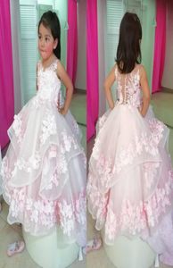 Cute Pink Flower Girl Dresses for Wedding Lace 3D Floral Appliqued Little Girls Pageant Dress Tiered Skirts vestidos de desfile de1304595