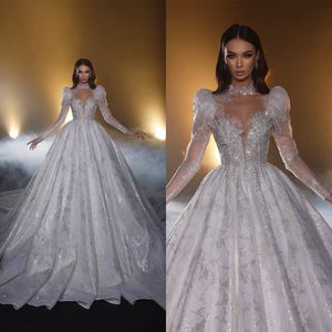 Exquisite Illusion Ball Gown Wedding Dresses High Neck Sequins Applique Pearl Bridal Gown Chapel Sweep Train Robe De Mariee