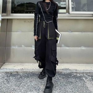 Women's Jeans Zoki Cargo Pants Women Black Fashion Pockets High Waist Y2K Harajuku Spring Patchwork Strtwear Trousers Cotton Female Pants Y240408