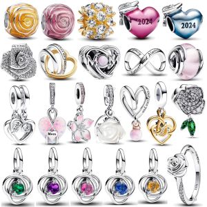 Nowy 925 srebrny srebrny 2024 Dzień Matki Love You Mom Double Heart Charm Pani Fit Fit Oryginalna bransoletka DIY Prezent biżuterii