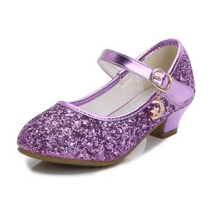 Sneakers Girls Shoe Purple Red High Heels for Kids Princess Party Dance Wedding Shoes Rhinestone Glitter Children's Leather Shoe New