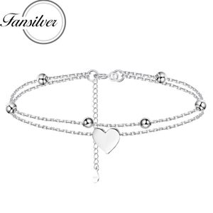 Fansilver 925 Sterling Silber -Knöchelarmbänder für Frauen Herz Perlen Kochersch geschichtter Kettenverstellbares Strandfußschmuck 240408