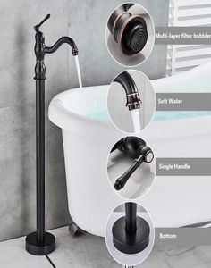 Svart brons badkar kran golv stående badkar tub spout dusch enkel handtag mixer tab3553815