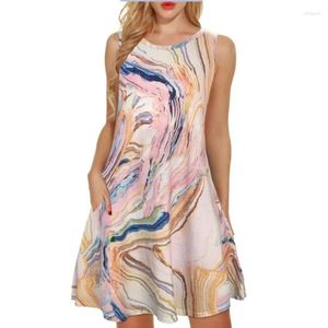 Casual klänningar sommar kvinnor klänning tryckt stor gunga runda hals ärmlös tank toppficka mode vestidos para mujer feminino