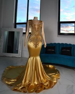 Guld Sparkly Long Mermaid Prom Birthday Gala Dresses For Black Girl Luxury Diamond Beaded Gillter Evening Ceremony Dress