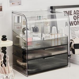 Aufbewahrungsboxen Leichte Luxus Desktop Kosmetikbox Haustierstaub-Sicht Makeup Organizer Hautpflege Lippenstift Rack Schmuck Schmuck