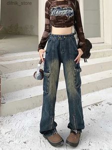 Frauen Jeans 2023 Koreanische Y2K Fashion Reißverschluss Old Blue Flare Cargo Jeanshose für Frauen 90er Kleidung Vintage Lady Denim Hosen Pantn Femme Y240408