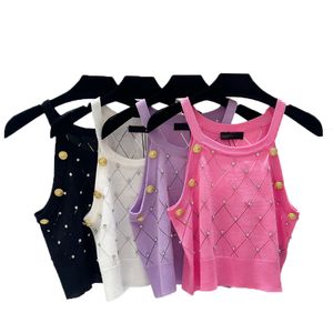 Summer Diamond Knit Vest Designer Rhinestones Decorated With Metal Clasp Knitted Vest Women Knits Tee Sexy Camisole Sleeveless Knit Tops