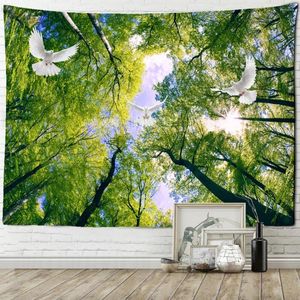 Tapisseries Tree Top Sky Forest Tapestry Wall Hanging Nature Plant Landscape Tapiz Art Room Dorm Eesthetic Home Decor