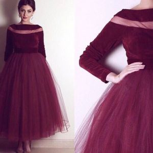 Elbiseler Burgundy kadife gece elbisesi 2019 uzun kollu tekne ile Aline Prom Elbiseler uzun resmi yarışma elbisesi vestidos de noiva ayak bileği