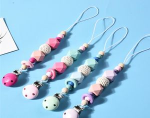 4 färger Baby Clip Chain Holder Wood Beaded Pacifier Soother Holder Clip Nipple Teether Dummy Strap Chain KJJ1882286098