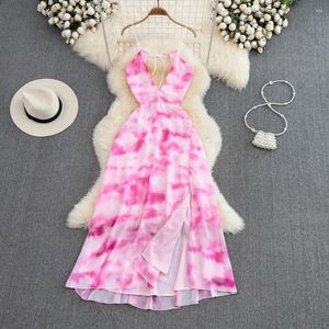 Casual Dresses French Sexy V-ringen Halter Dress Fashion High midjan Skinny ärmlöst tie-dye tryck split Sling Holiday Summer Beach