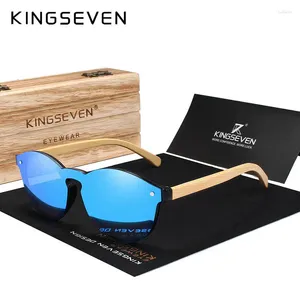 Güneş gözlüğü Kingseven marka el yapımı erkekler moda doğal bambu yuvarlak polarize gözlükler kadın uv400 ayna lens rimless gözlük