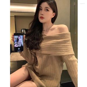 Suéteres femininos fora do suéter ombro de moda coreana tricotada elegante e elegante pulôver sexy feminino y2k jumper vintage 2024