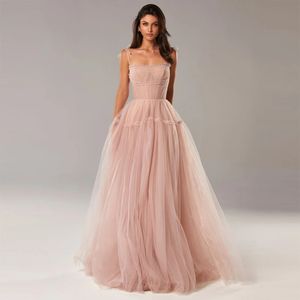 Hot Blush Pink/Blue Long Prom Formal Dress Spaghetti Straps Tiered Skirt Pleated Tulle A-Line Evening Party Gown robe de soiree