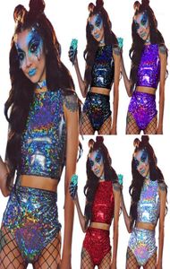 Women039s Two Piece Pants Holographic Crop Top And Shorts Women 2 Sets Sexy Lace Up Festival Party Rave Clothing Set13534522