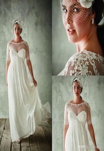 Jenny Packham Plus Size Wedding Dresses 2018 Halv ärmar Sheer Jewel A Line Lace Appliqued Chiffon Empire Midja Brud Formell Gow7750276