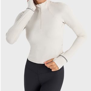 s Short Half Zip Yoga Long Sleeves Shirts Gym Wear Tops Vertical Ribbed Fabric 2.0 High Elastic Reflective Strip Sports Coat Women039