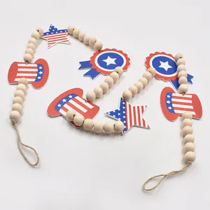 Party Decoration Independence Day Wood Beads Tiered Tray Decorations Ornament DIY Rope Beaded Wall Pendant Patriotic Decor Crafts