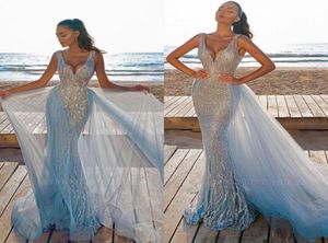 Underbara som Sky Blue Mermaid Evening Prom -klänningar Deep V Neck Luxury Peded paljettfest aftonklänningar avtagbar tyllkjol7775029