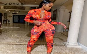 Anjamanor Sexy Sports Long Sleeve Bodycon Jumpsuit Women Flame Camo Camo Print Sheer Mesh One Pee