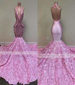 Pink Long Prom Dresses Mermaid 2022 Black Girls Sequin Sexig backless grimma 3D Flowers African Women Formal Evening Party Gowns1284908