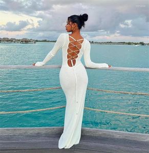 Sexy Backless Long Sleeve Knitted Swimsuit Cover Up Pareo Tunic 2024 Summer Beach Maxi Dress Bikini Cover-ups Women Beachwear