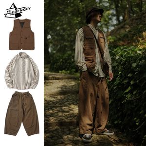 Japoński zestaw vintage mężczyźni Kobiety Kamizelka ładunkowa z wieloma kieszeniami Spring Autumn Striped Long-Suteeved Shirt Lose Casual Spodnie Trzyczęściowe 240327