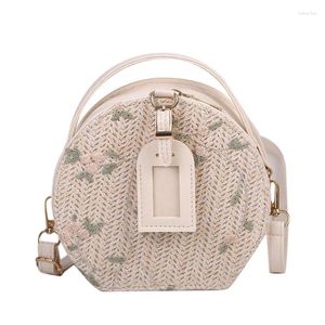 Umhängetaschen Trendy Strohbeutel für Frauen handgewebte Blumenhandtasche rund Messenger Großer Kapazität Reißverschluss Crossbody