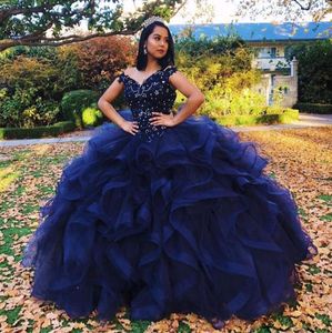 Ядра Blue Ruffles Уровень Quinceanera платья с плеча хрустальной тюль