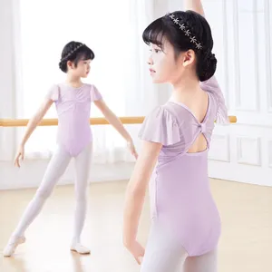 Scene Wear Girls Ballet Dress Kort ärm Leotard Gymnastik Leotards Ruffles Smocked Training Two-Pieces Dancing Bodysuit