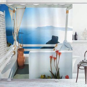 シャワーカーテンの素朴なカーテンの木製の窓のある太陽と空とクラウドスケーププリントの景色