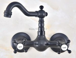 Badrumsfläckkanor Svartolja Ruggad brons svivelpip Kökskran / väggmonterade Dual Cross Handtag Basin Mixer TAPS TNF470