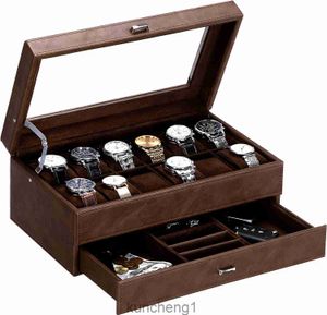 Beome Watch Box für Männer Luxus Uhrengeräte Faux Leder Watch Hülle mit Schmuckschublade Realglas Top Metal Scharnier Braun SSH12Z