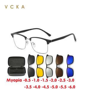 VCKA 6 In1 Square Polarized Myopia Sunglasses Men Women Magnetic Clip Glasses Frames Optical Prescription Eyewear -0.5 to -6.0 240401