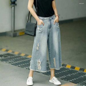 Jeans femininos Sete pontos Mulheres verão Cantura alta e largura calça jeans de perna larga fêmea rasgou calças de moda casual vintage