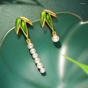 Stud Earrings Bamboo Series Ripple Ancient Gold Crafts Green Enamel Pearl For Women Fashion Asymmetric Earings Jewelry Gift