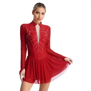 Stage Wear Womens Adults Gymnastics Dress Roller Figure Ice Skating Ballet Dance Leotard Rhinestones Mock Neck Sheer Mesh Long Sleeve