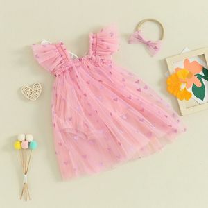 Bebek Bebek Kız Sevgililer Günü Kalp Baskı Tül Mesh Romper Elbise Kafa Bandı Doğum Günü Kıyafet 240403